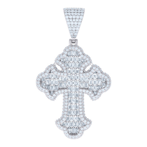 925 Sterling Silver Round & Baguette Cut Moissanite Men's 3D Budded Cross Pendant Religious Charm | 10.48 Ct.