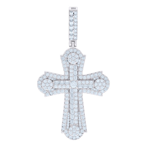 925 Sterling Silver Round & Baguette Cut Moissanite Men's Budded Cross Pendant Religious Charm | 5.01 Ct.