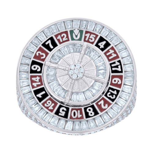 925 Sterling Silver Round & Baguette Cut Moissanite Men's Multi-Color Enameled Roulette Wheel Pinky Ring 7.45 Ct. | Size 10