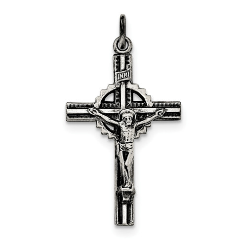 .925 Sterling Silver Antique Textured & Polished INRI Crucifix Cross Pendant