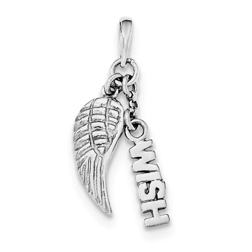 .925 Sterling Silver Polished & Textured Dangling Wish & Angel Wing Pendant