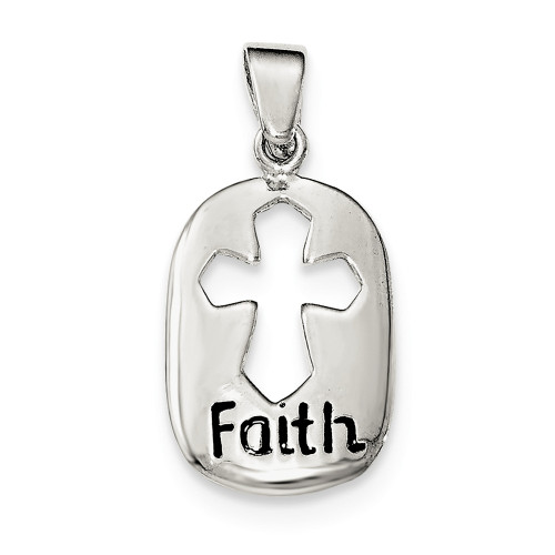 .925 Sterling Silver Polished Black Enameled Cut Out Cross & Faith Pendant