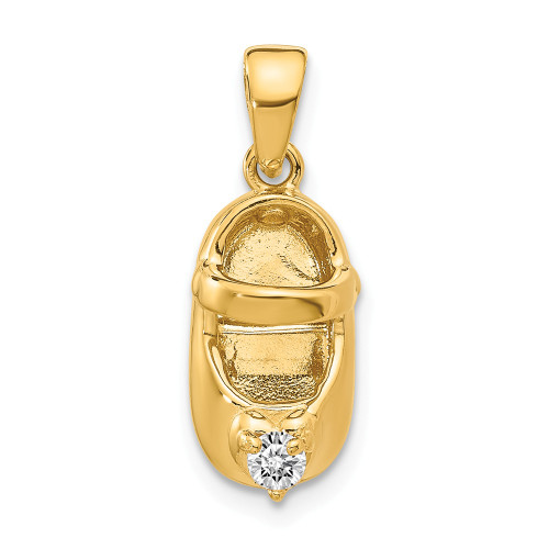 14K Yellow Gold April Birthstone White Zircon Engraveable 3D Baby Shoe Charm