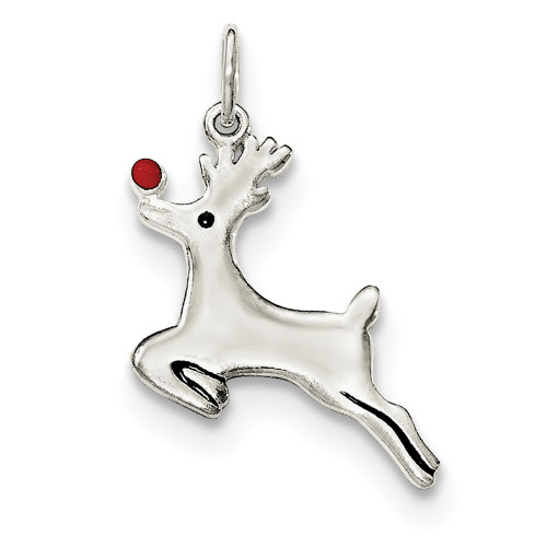 .925 Sterling Silver Polished Red Enameled Reindeer Pendant