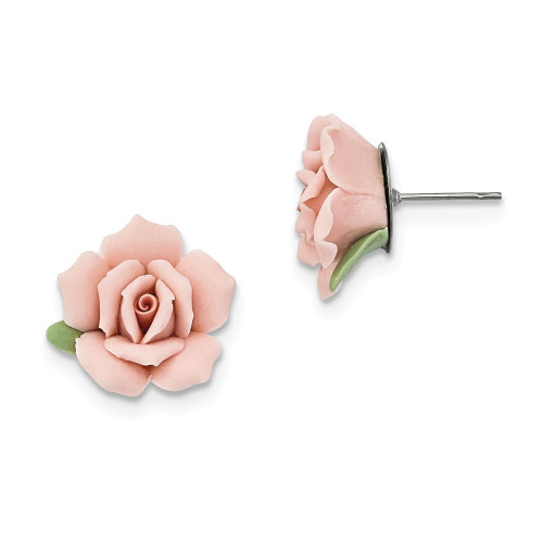 Pink Porcelain Rose Stud Post Earrings Silver Tone Push Back 1928 Boutique
