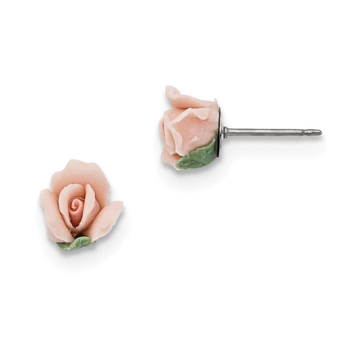 Pink Porcelain Rose Stud Post Earrings Gold Tone Push Back 1928 Boutique