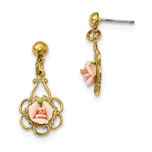 Pink Porcelain Rose Filigree Dangle Post Earrings Gold Tone 1928 Boutique