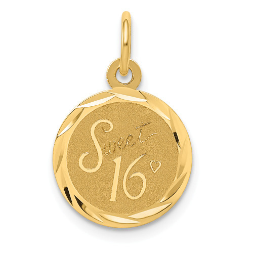 14k Yellow Gold Laser Etched Polished Solid Faceted Sweet Sixteen Disc Pendant