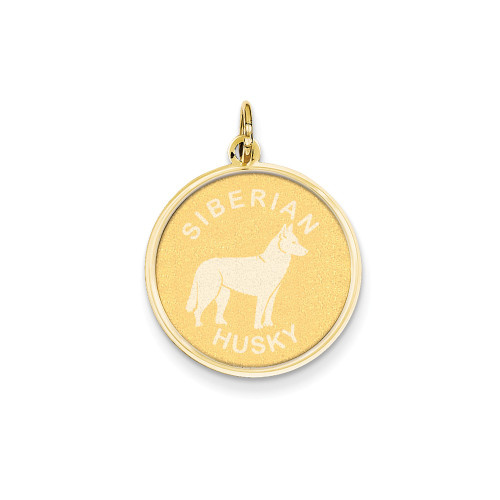 14k Yellow Gold Polish Solid Laser Etched Stamped Siberian Husky Disc Charm