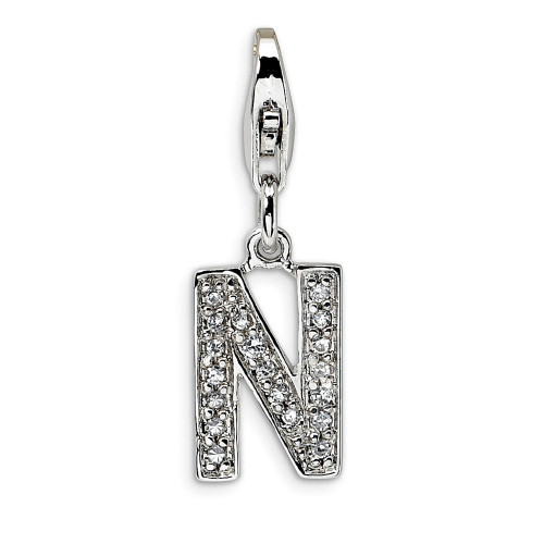 CZ Initial Letter N Charm .925 Sterling Silver Solid Clip On Amore La Vita