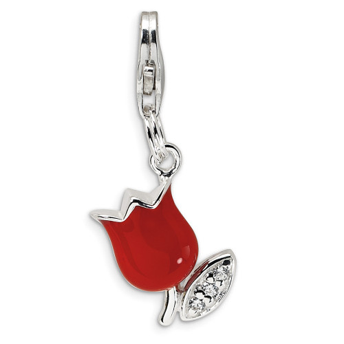CZ Tulip Flower Charm Red Enameled .925 Sterling Silver Click On Amore La Vita