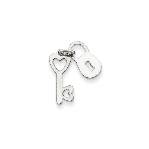 14K White Gold Polished and Stamped Lock w/ Heart Key Charm Pendant For Necklace