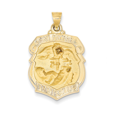 14K Yellow Gold Satin & Polished St. Michael Protect Us Badge Medal Pendant