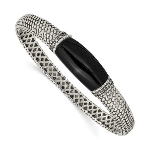 Onyx & Diamond Bangle .925 Sterling Silver Antique Finish 0.10 Ct Shey Couture