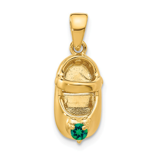 14K Yellow Gold May Birthstone Genuine Emerald Engraveable 3D Baby Shoe Charm