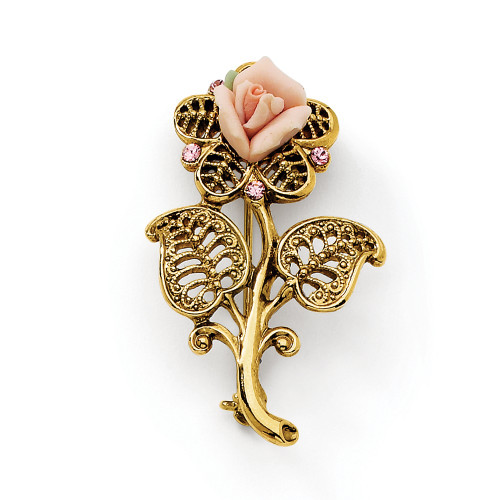 Pink Crystal Porcelain Rose Pin Gold Tone 1928 Boutique