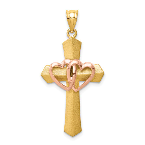 14K Yellow & Rose Gold Polished Double Heart Solid Cross Religious Charm Pendant