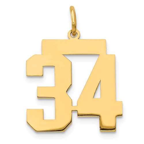 14K Yellow Gold Polished Laser Cut Medium Number # 34 Charm Pendant For Necklace