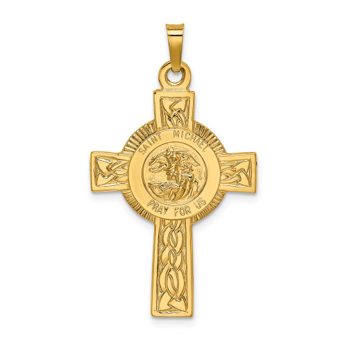 14K Yellow Gold Polished Solid Cross w/ Saint Michael Medal Religious Pendant