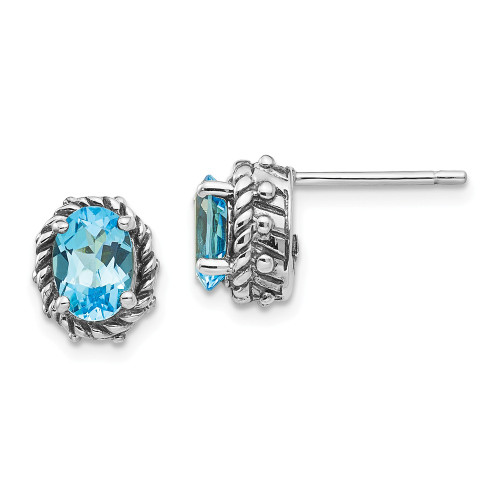 Blue Topaz Post Earrings .925 Sterling Silver Antiqued Push Back Shey Couture