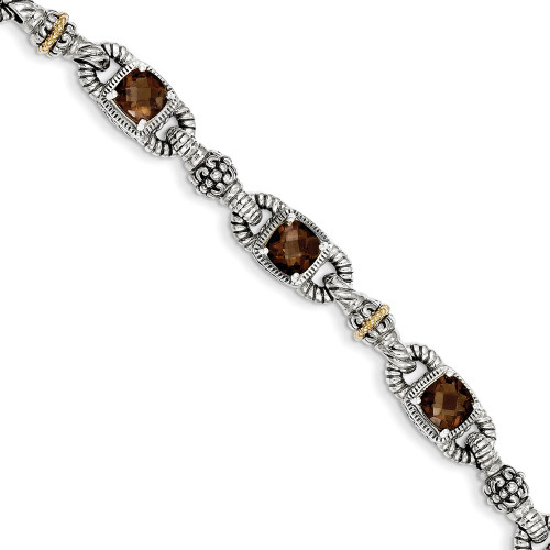 Smokey Quartz 7.25" Bracelet .925 Sterling Silver 14K Gold Accent Shey Couture