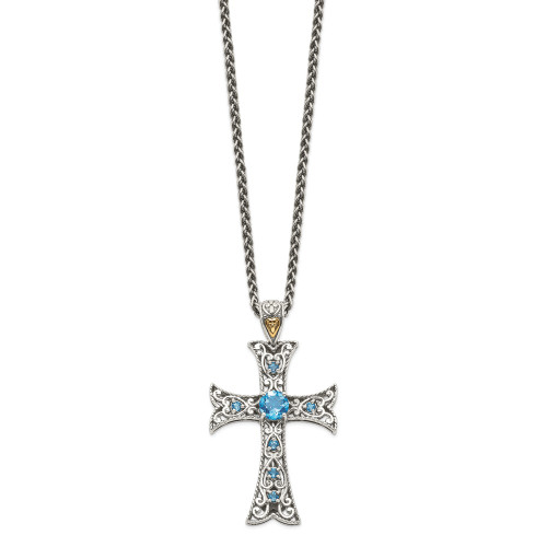 Blue Topaz Cross Charm 18" Necklace .925 Sterling Silver 14K Accent Shey Couture
