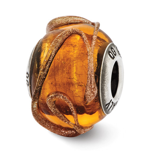 Brown Textured Lines Italian Murano Glass Bead Sterling Silver Reflection Beads