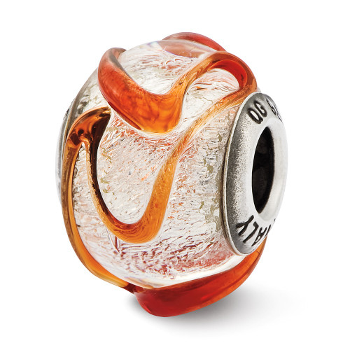 Silver & Brown Textured Lines Murano Glass Bead Sterling Silver Reflection Beads