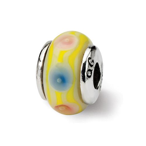 Yellow Hand Blown Glass Kids Bead .925 Sterling Silver Antiqued Reflection Beads
