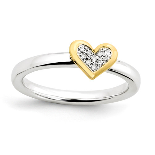 Sterling Silver Stackable Expressions Heart w/ Diamond & Vermeil Ring Sz 5 to 10
