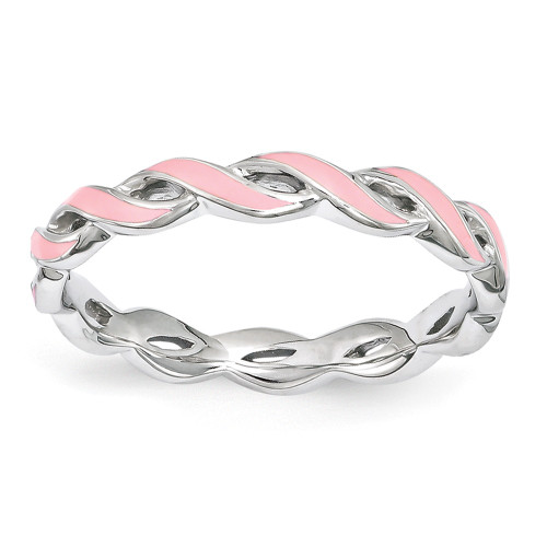 Sterling Silver Stackable Expressions Pink Enamel Braided Ring Sizes 5 to 10