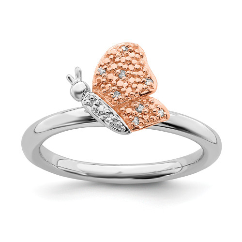 Sterling Silver Stackable Expressions Rose Gold Tone Diamond Butterfly Sz 5-10