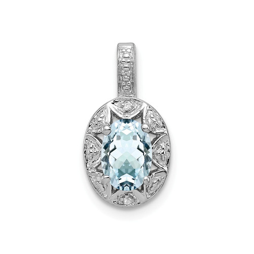 Sterling Silver Rhodiumed Diamond & Aquamarine March Birthstone Oval Pendant