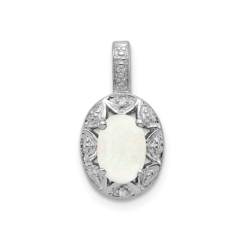 Sterling Silver Rhodiumed Diamond & Created Opal October Birthstone Oval Pendant