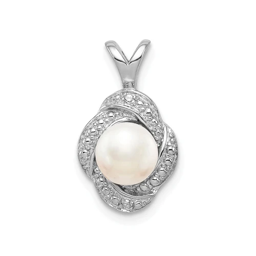 Sterling Silver Rhodium Diamond & Freshwater Pearl June Birthstone Swirl Pendant