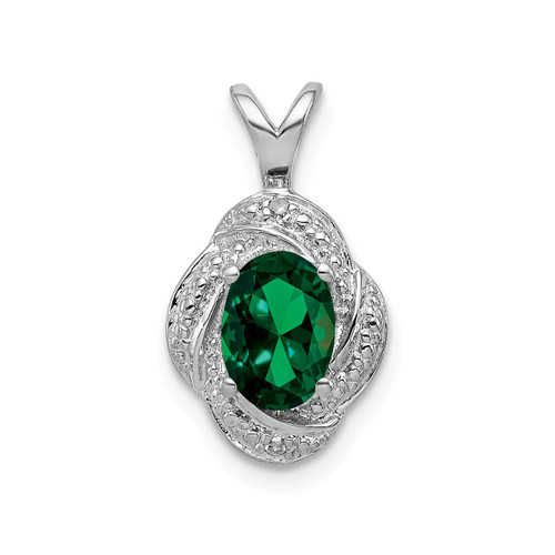 Sterling Silver Rhodiumed Diamond & Created Emerald May Birthstone Swirl Pendant