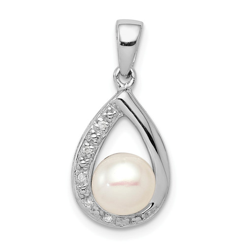Sterling Silver Rhodium Plated Diamond & FW Cultured Pearl in Teardrop Pendant