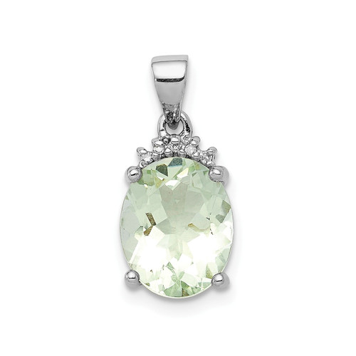 Sterling Silver Rhodium Plated Green Quartz & Diamond Oval Crown Pendant