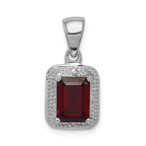 Sterling Silver Rhodium Plated Emerald Cut Red Garnet & Diamond Halo Pendant