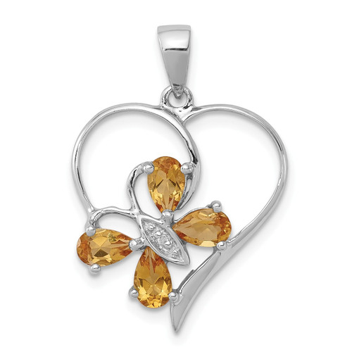 Sterling Silver Rhodiumed Yellow Citrine & Diamond Butterfly in Heart Pendant