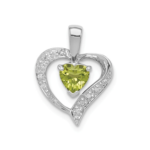 Sterling Silver Rhodium Plated Green Peridot & Diamond Double Heart Pendant