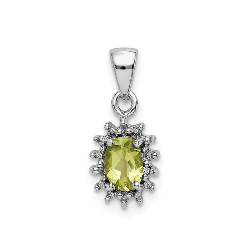 Sterling Silver Rhodium Plated Green Peridot & Diamond Oval Fancy Pendant