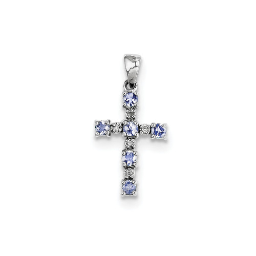 Sterling Silver Rhodium Plated Round Tanzanite & Diamond Mini Cross Pendant
