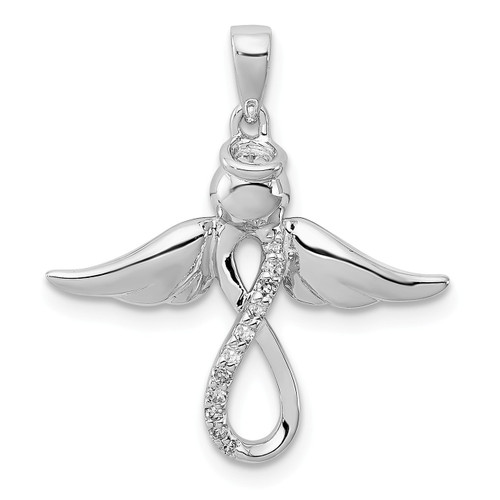 Sterling Silver Rhodium Plated Diamond Angel w/ Wings & Infinity Pendant