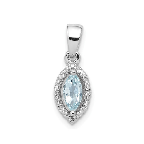 Sterling Silver Rhodium Plated Marquise Aquamarine & Diamond Halo Pendant