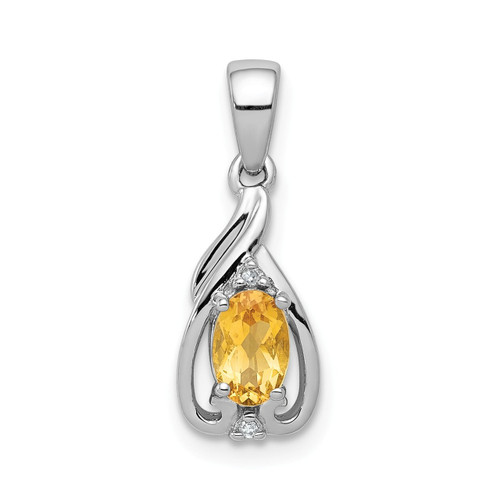 Sterling Silver Rhodium Plated Yellow Citrine & Diamond Oval Teardrop Pendant