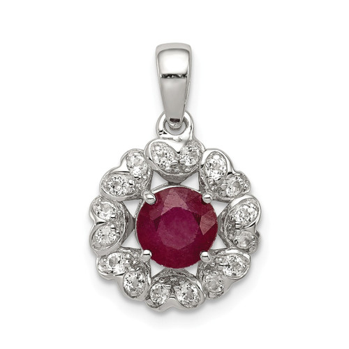Sterling Silver Rhodiumed White Topaz & Glass Filled Ruby Heart Circle Pendant