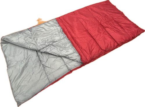 Made in USA red 50 degree lightweight camping sleeping bag rolled out