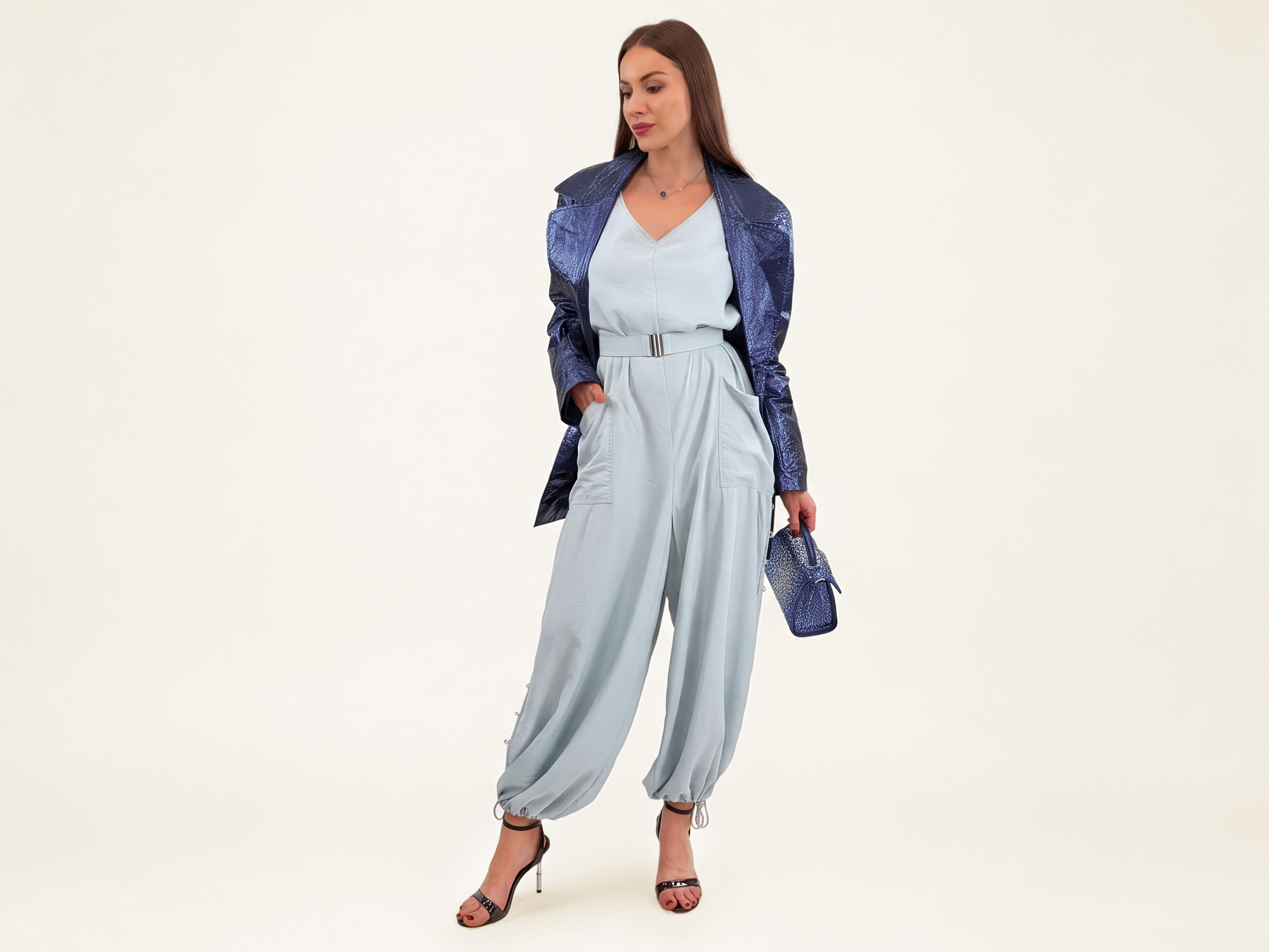 ELUVARE Sky Blue convertible jumpsuit with a defined waist and relaxed wide-leg fit