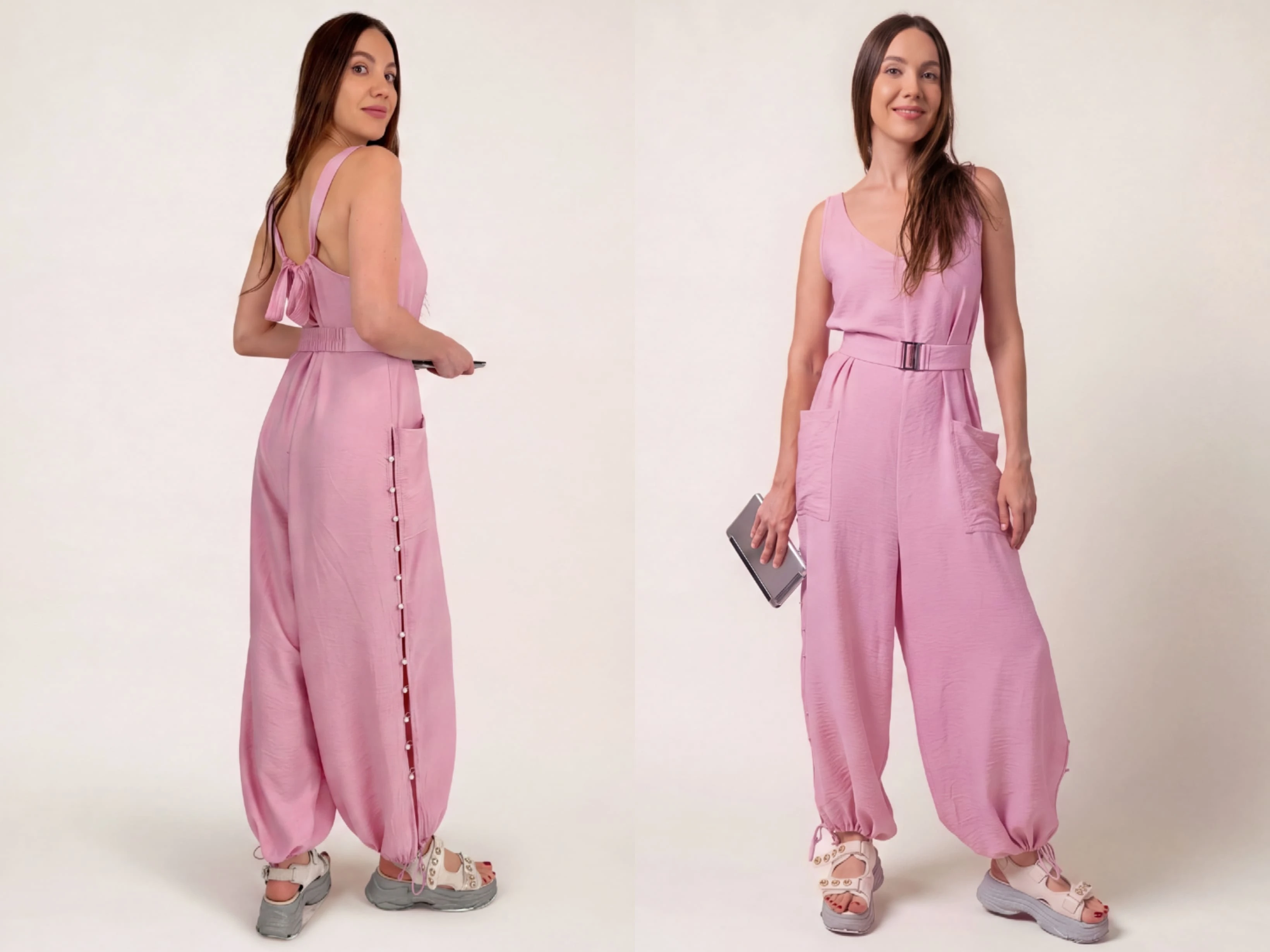 ELUVARE rose pink jumpsuit styled with a matching jacket for a polished resort outfit